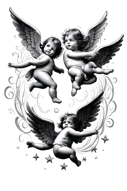 Three Cherub Baby Angels Flying With Stars And Swirls Spread Apart