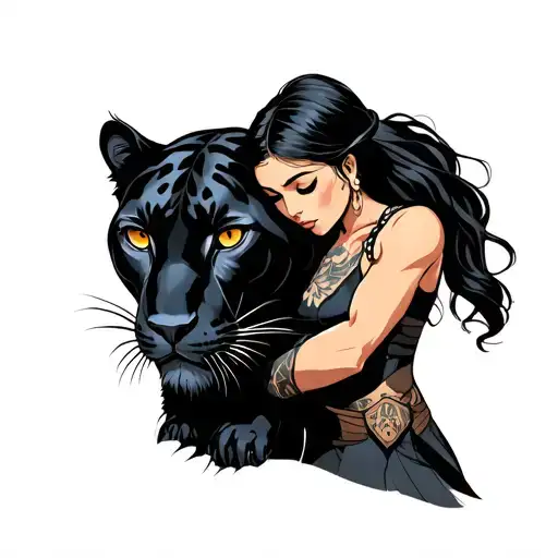 A Female Black Warrior Petting A Black Panther