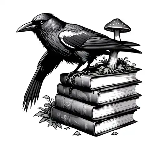 Stack Of Books With Raven Standing On Top Mushrooms Growing Around Books