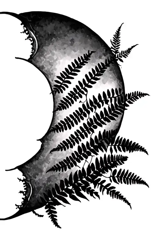 Outline Half Crescent Moon With Fern Leaf As A Wall