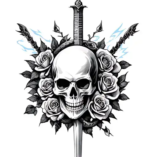 Skull With Roses And A Snake With Lightning Storm And A Sword And Fineline