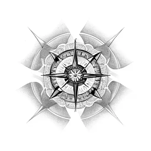 A Detailed Black And Grey Tattoo Of A Compass With The Flower Of Life Incorporated Into The Dial