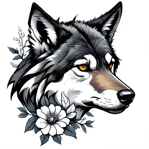 Wolf Head Tattoo With Flowers Around It Infront Mountains On The Back