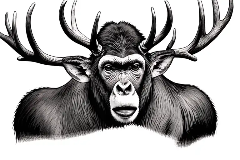 Buck With Monkey Face Between Antlers Intertwined