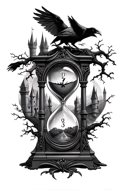 Hourglass And Raven And Castle And Tree And Clock