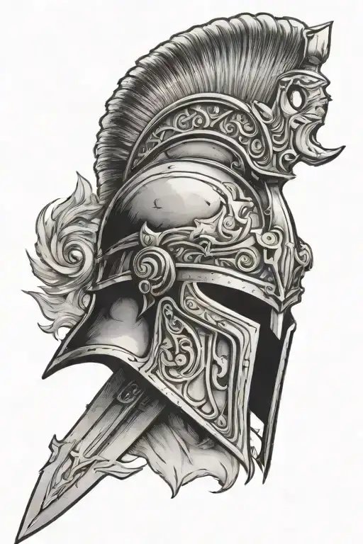 Ares Helmet With Sword In The Background Black And White