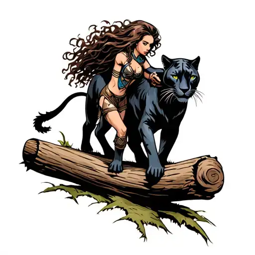 A Female Warrior With Long Brown Curly Hair Petting A Black Panther Walking On Log