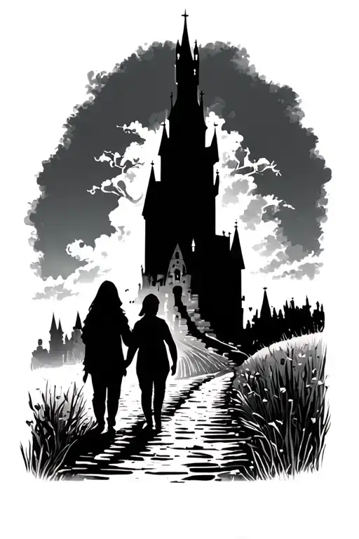 Two Parent Silhouettes Walking Child Silhouette Toward Castle Gothic On Pathway