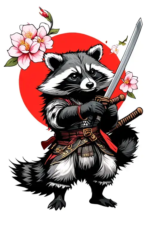 Raccoon Samurai With A Katana And Sakura Against The Background Of A Red Sun