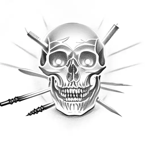 Intricate Black And Grey Skull With Tattoo Needles As Teeth