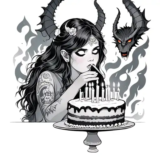 Girl Blowing Candles On Birthday Cake And Demon Behind Her