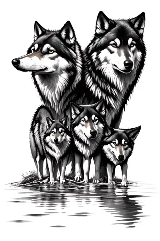 Wolf Family By Lake