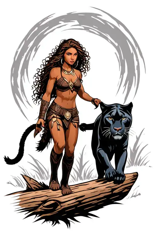 A Female Warrior With Long Brown Curly Hair And Brown Skin Petting A Black Panther Walking On Log