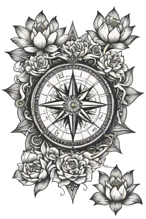 Compass With Lotus Flowers Wrapped Together Symbolizing