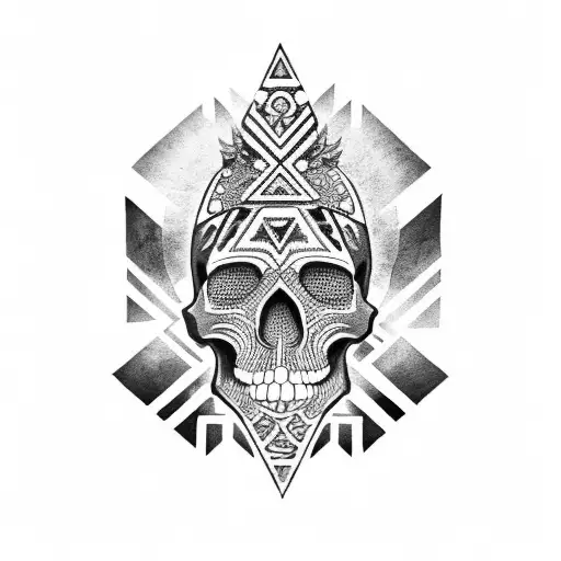 A Black And Grey Aztec Skull Surrounded By Symbolic Aztec Elements
