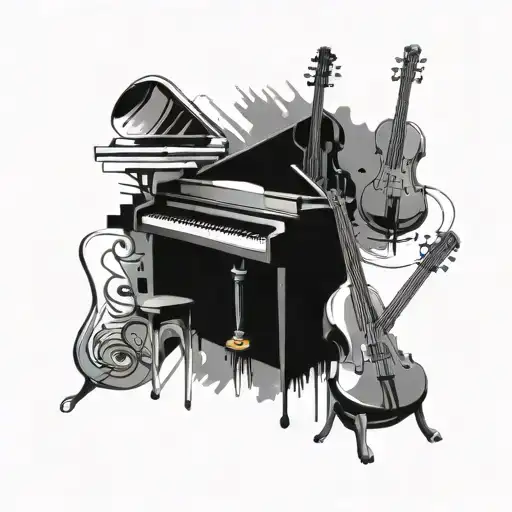 An Abstract Composition Of Musical Instruments And Furniture Elements In A Black-grey Color Palette