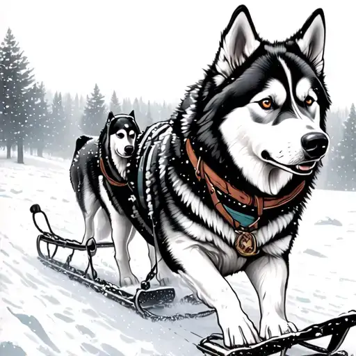 A Husky Pulling A Trader On A Sled Through A Snowy Forest