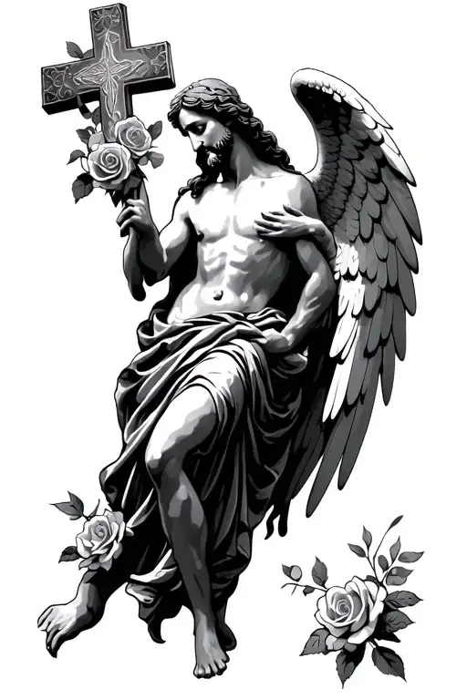 Angel Guarding Roses Religious Jesus Cross