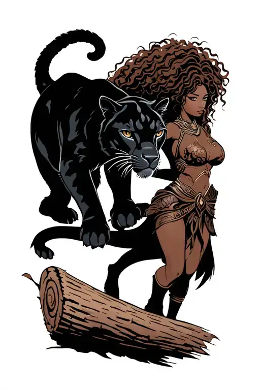 A Female Warrior With Long Brown Curly Hair And Brown Skin Petting A Black Panther Walking On Log