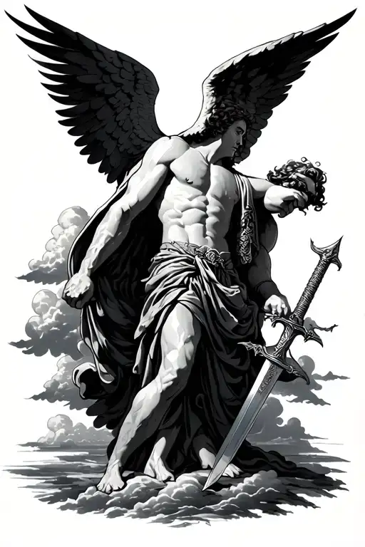 Archangel Michael Bowing With Sword And Clouds Behind