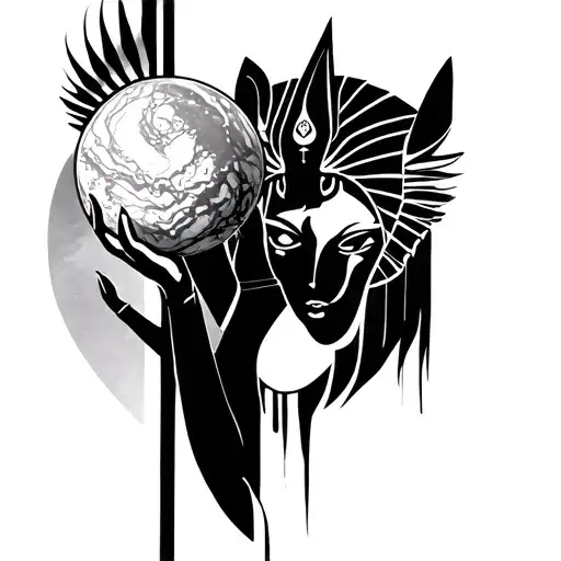 Abstract Tatoo Of The Goddesses Sekhmet Holding A Marble Galexy