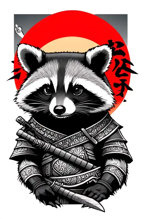 Samurai Raccoon Against A Red Sun