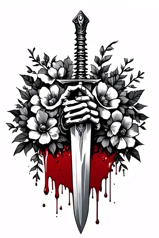 Spine Tattoo Skeleton Hand Holding A Sword Dripping Blood With Flowers