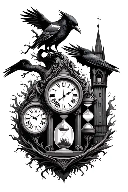 Tree And Clock And Raven And Tower And Hourglass And Fiery Man