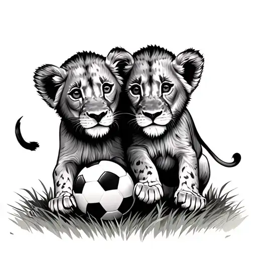 2 Lion Cubs Playing With A Soccer Ball On Grass