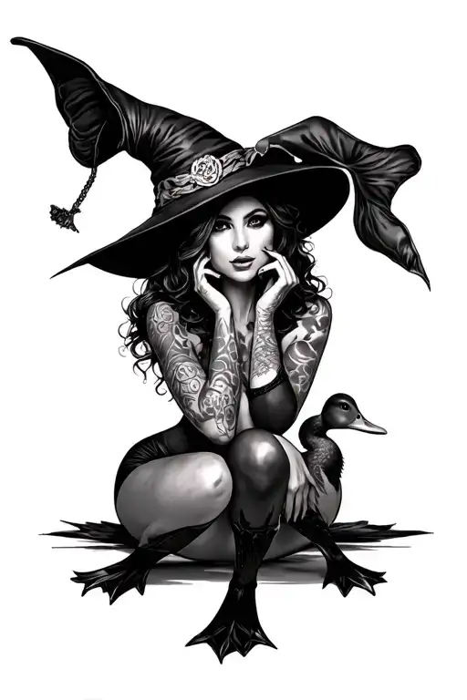 Witchy Pinup With Duck Sitting