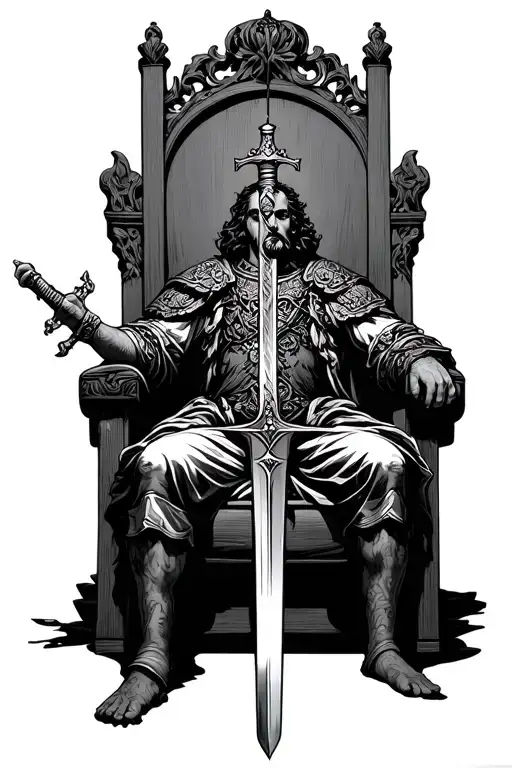 King Sitting On His Throne With A Sword Dangling Above Him By One String