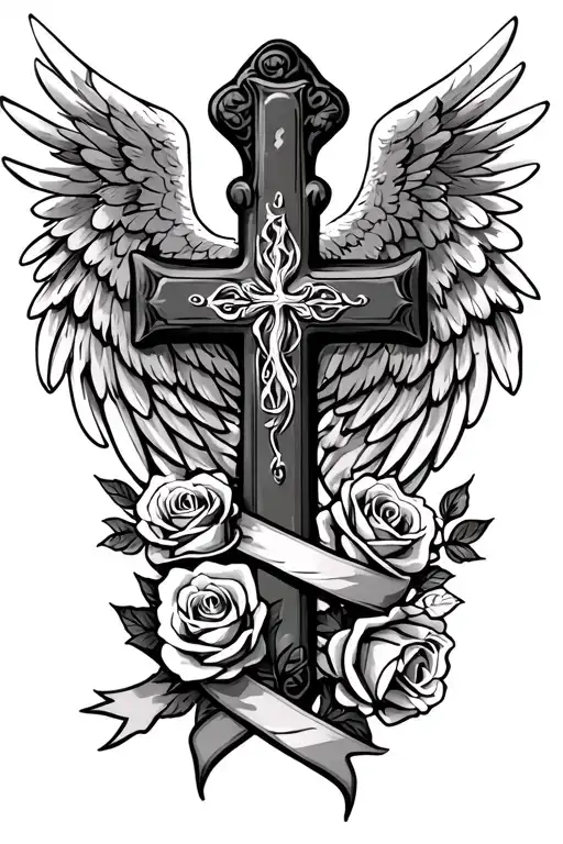 Cross With Angel Wings And Roses And Ribbon Wrapped