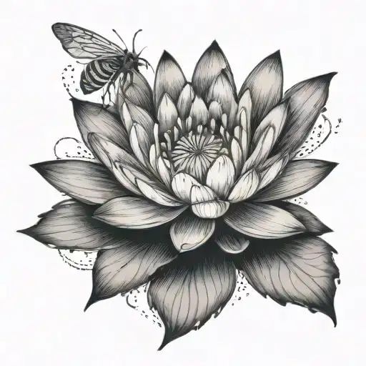 Water Lily And Bee Flying