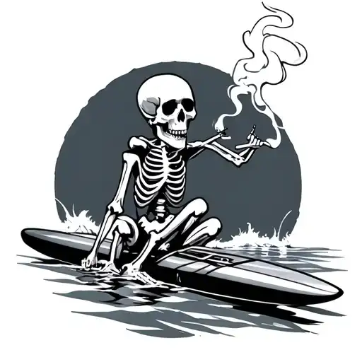 Skeleton Smoking A Cigarette On A Surfboard