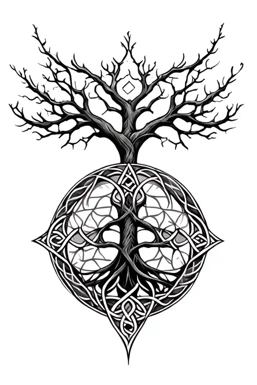 Geometrical Sleeve Tattoo With Celtic Tree Of Life