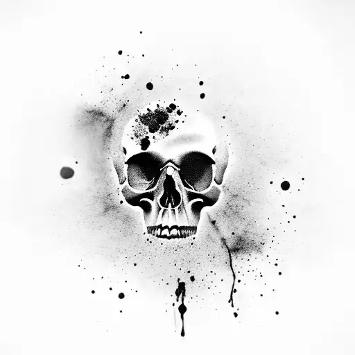 Black And Grey Tattoo Of A Skull With Paint Splatters As The Background