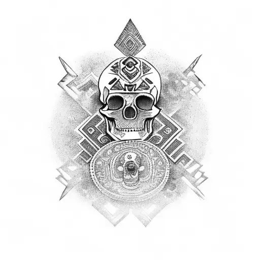 A Black And Grey Aztec Skull Surrounded By Symbolic Aztec Elements