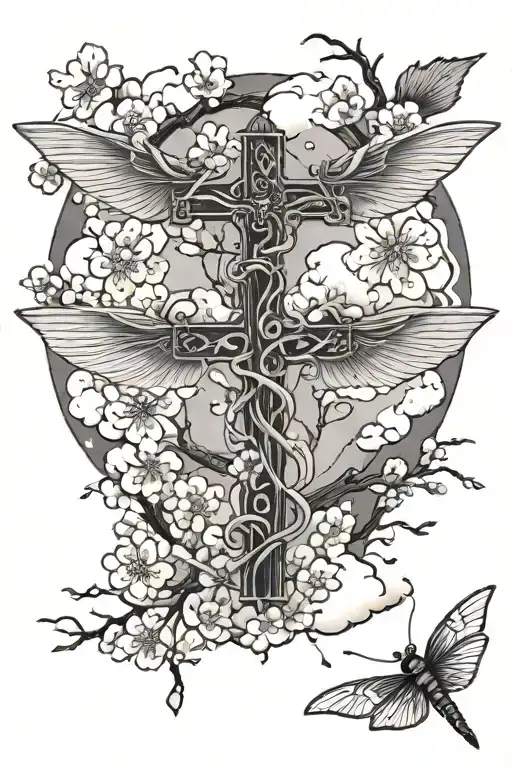 Cross And Clouds And Dragon Flies And Cherry Blossoms