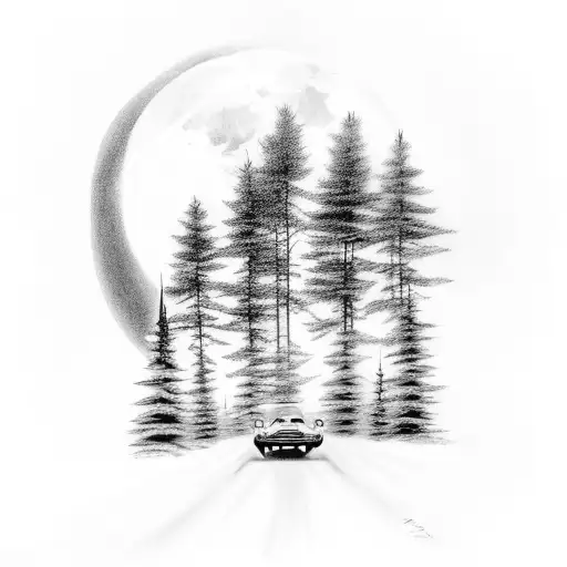 A Black-grey Tattoo Of A Classic Car Driving Through A Forest With A Full Moon In The Sky