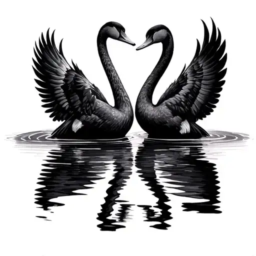 Two Black Swans Facing Each Other Swimming Gently With Majestic Wing Feathers