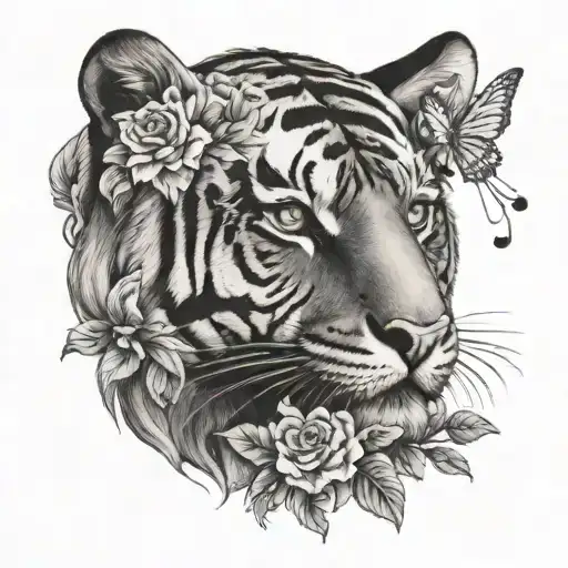 Tiger Head With Flowers Background Looking Through Lens