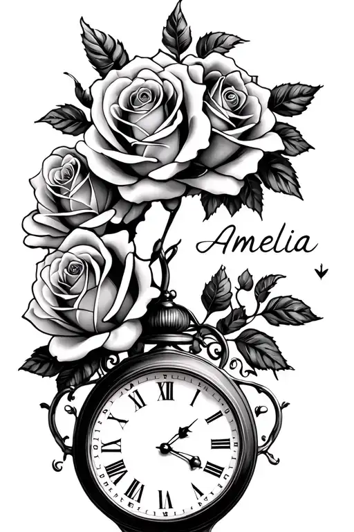 Roses And Clock Amelia Name Written