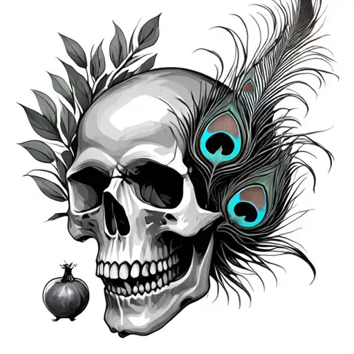Skull With A Pomegranate With Peacock Feather
