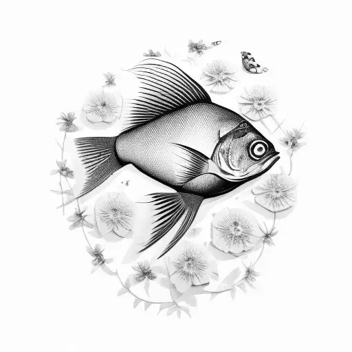 Fish Hidden Among Flowers Design Minimal In Black And White