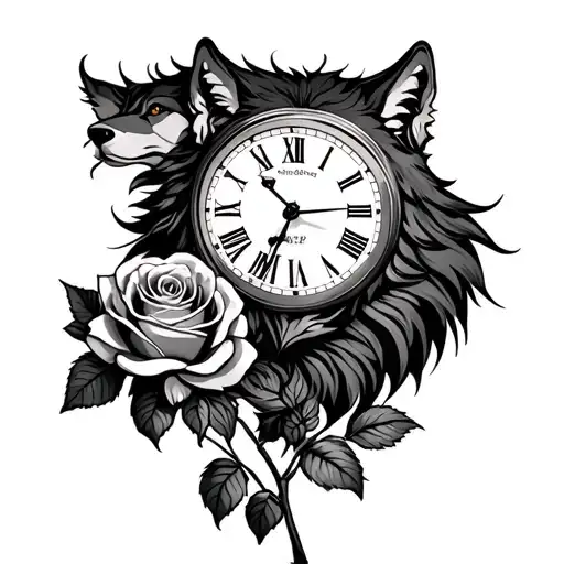 Wolf With Roman Number Clock And A Rose Growing