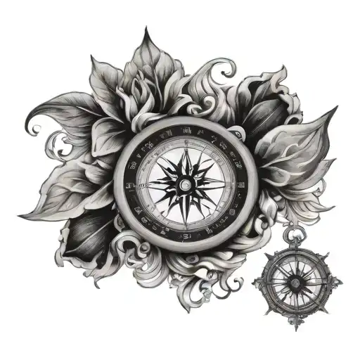 An Intricate Black And Grey Floral Pattern Wrapping Around A Compass