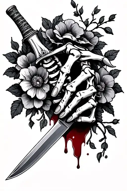 Spine Tattoo Skeleton Hand Holding A Knife With Blood With Flowers And Vines