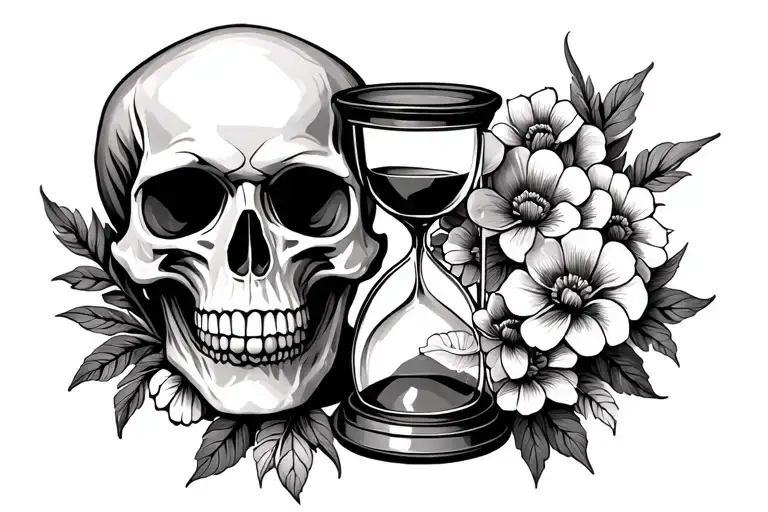 Skull Next To Hourglass And Flowers Intertwined