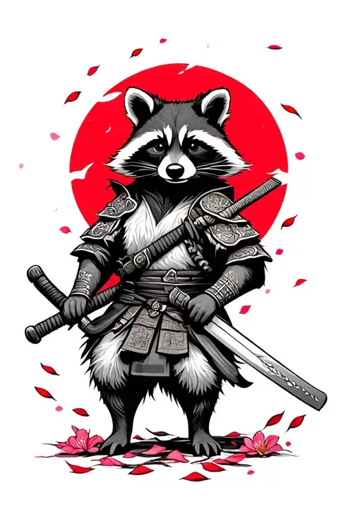 Raccoon Samurai With A Katana And Sakura Petals Against The Background Of A Red Sun