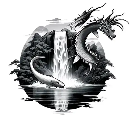 Koi Fish Swims Up A Waterfall And A Dragon Flying Above The Waterfall